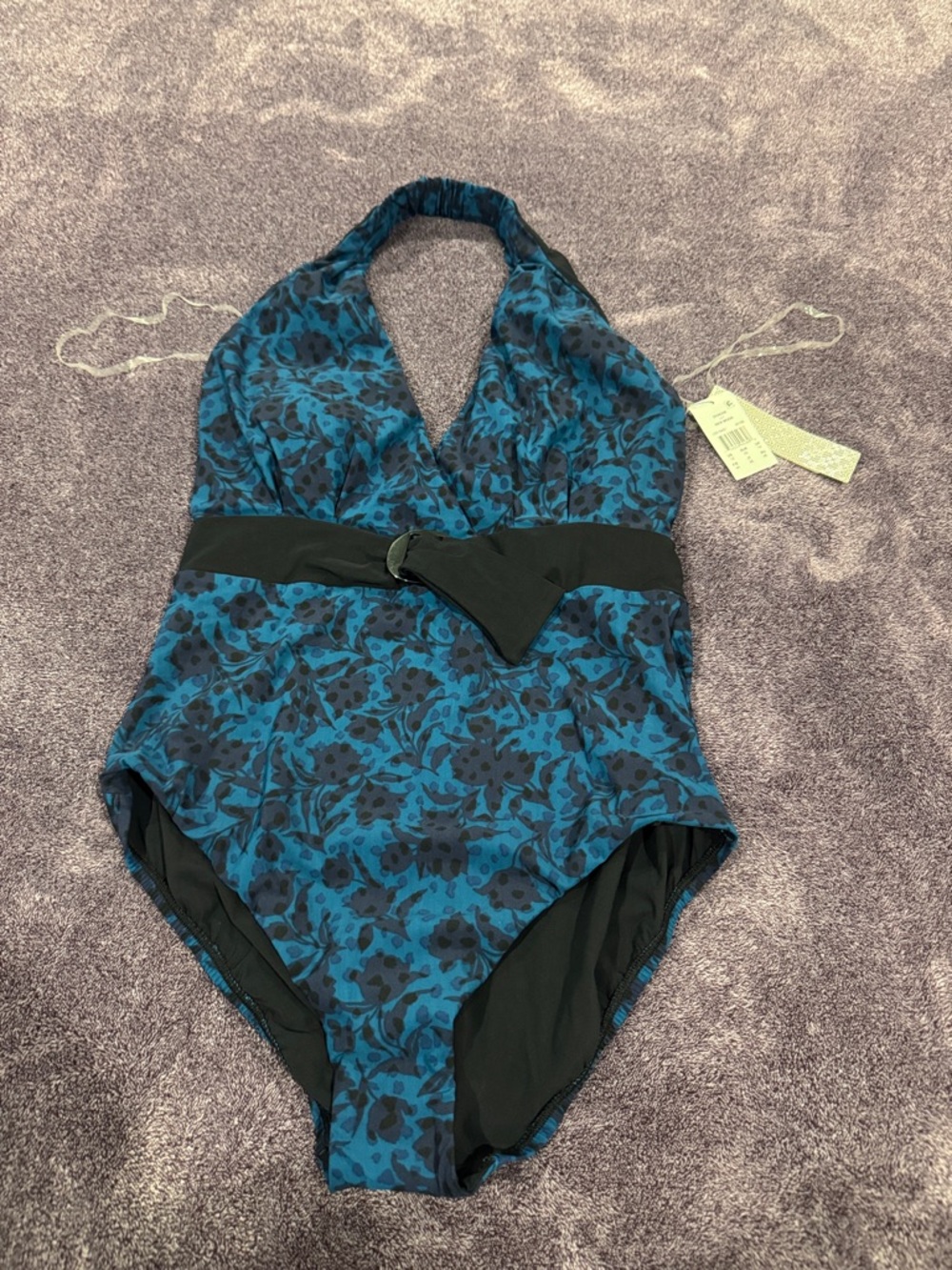 Teal and Black Floral Halter One-Piece Swimsuit with Black Waistband
